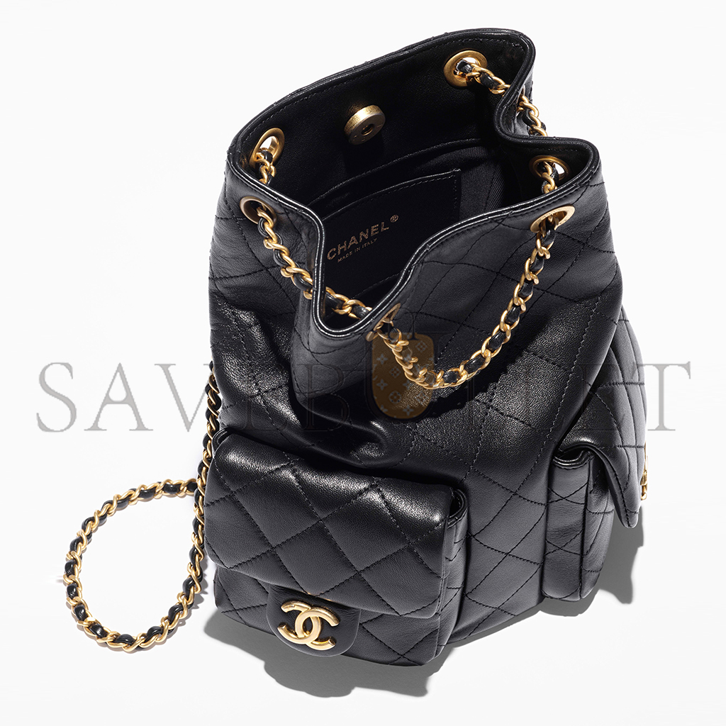 Ch*el black backpack shiny lambskin & gold-tone metal as5310 (24.3*18*7.8cm)